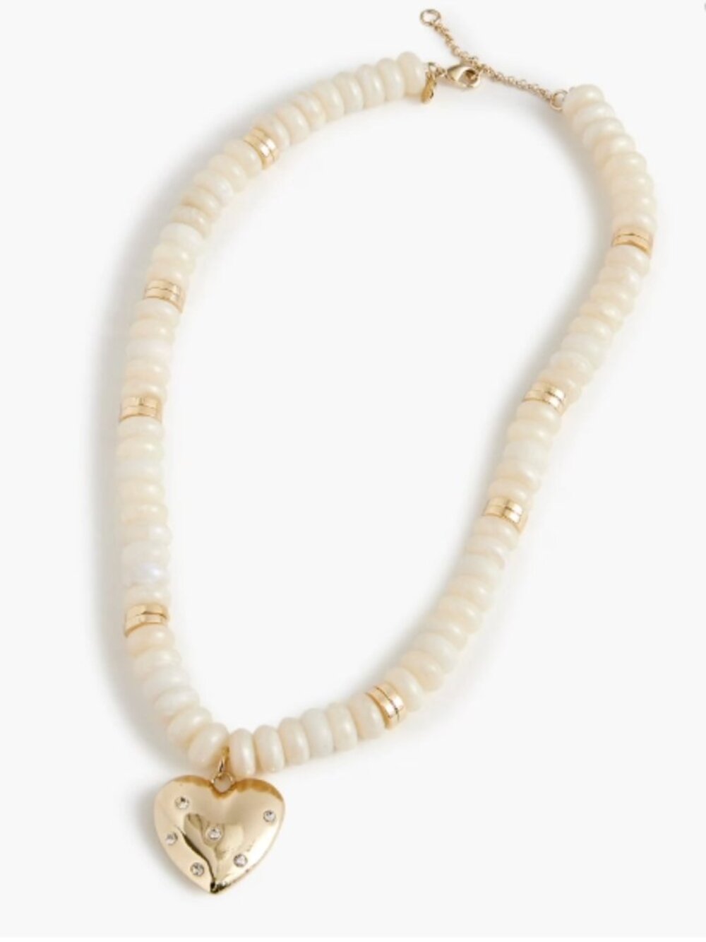 J. Crew Ivory Beaded Pendant Necklace Gold Plated Heart Charm & Zirconia Chips